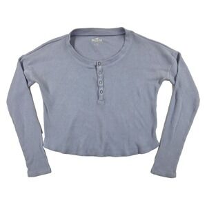 Hollister Light Slate Blue Waffle Knit Henley Thermal Long Sleeve Cropped Top XS